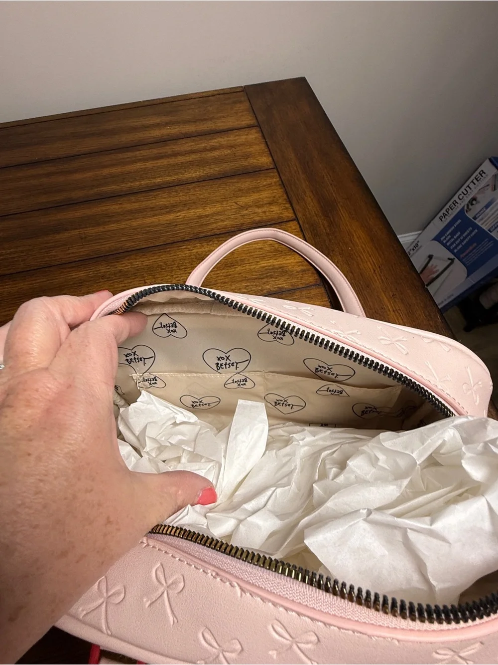 Betsey Johnson Pink Bow Shoulder Bag Pearl Chain Charm Zip Lined Inner Pockets
